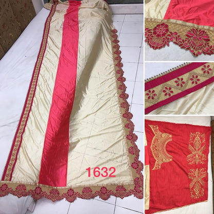designer red and cream imported silk embroidered wedding saree