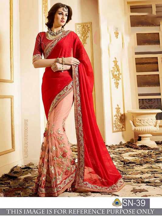 Designer red and peach embroidered wedding saree