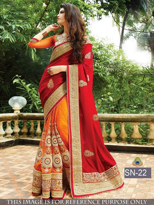 Designer red and yellow embroidered wedding saree