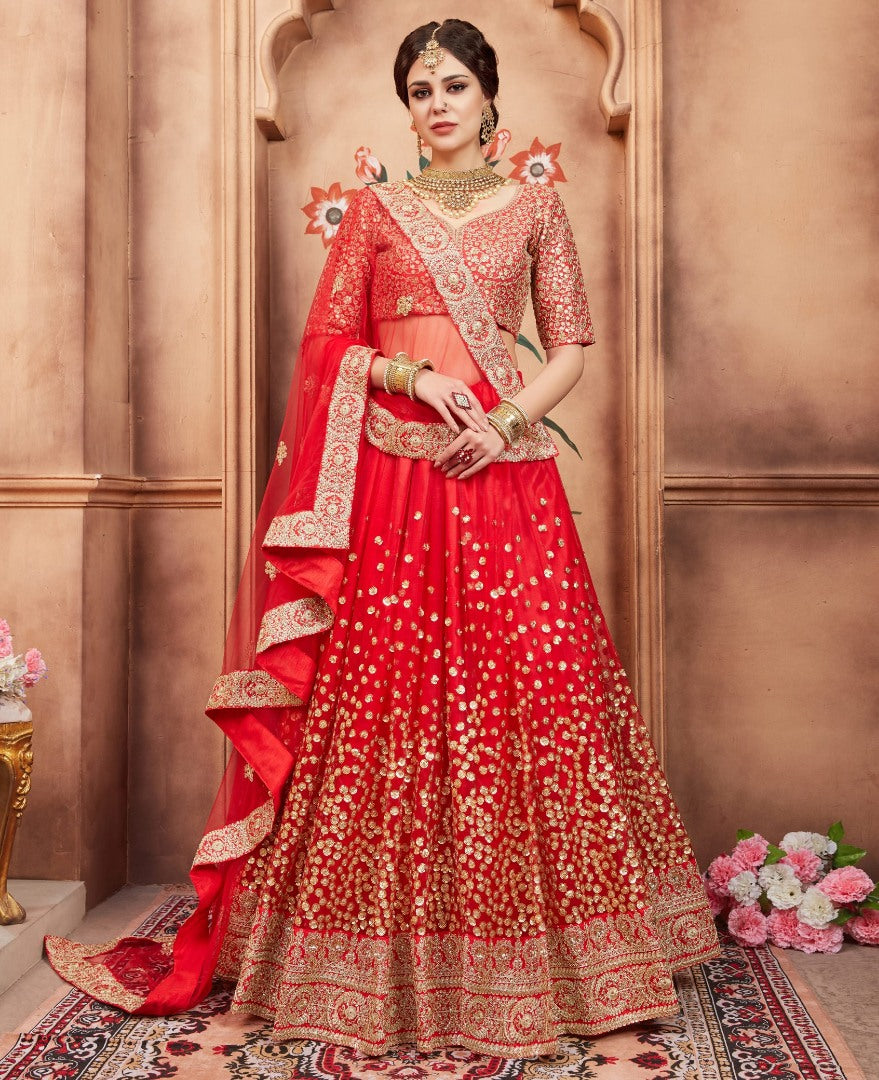 Designer Red art silk sequence and threadworked wedding bridal lehenga