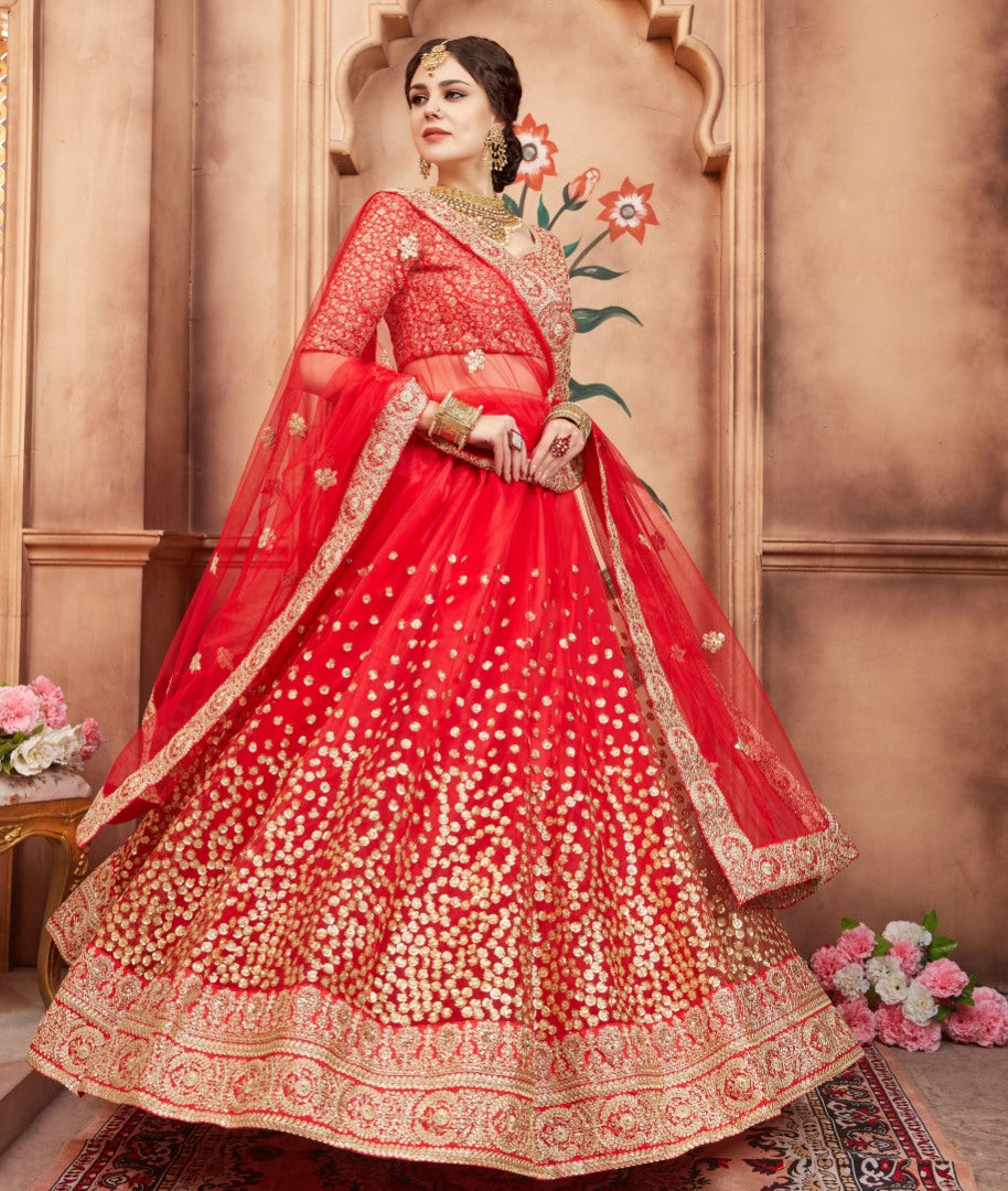 Designer Red art silk sequence and threadworked wedding bridal lehenga