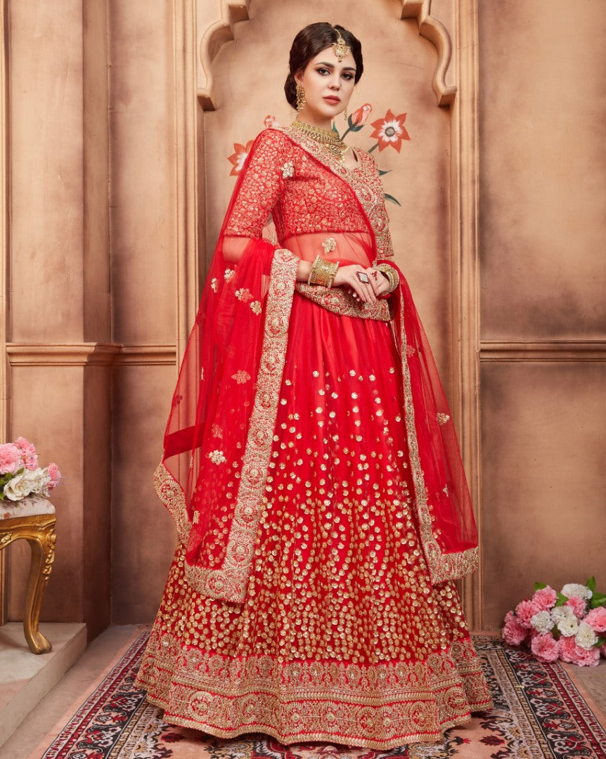 Designer Red art silk sequence and threadworked wedding bridal lehenga