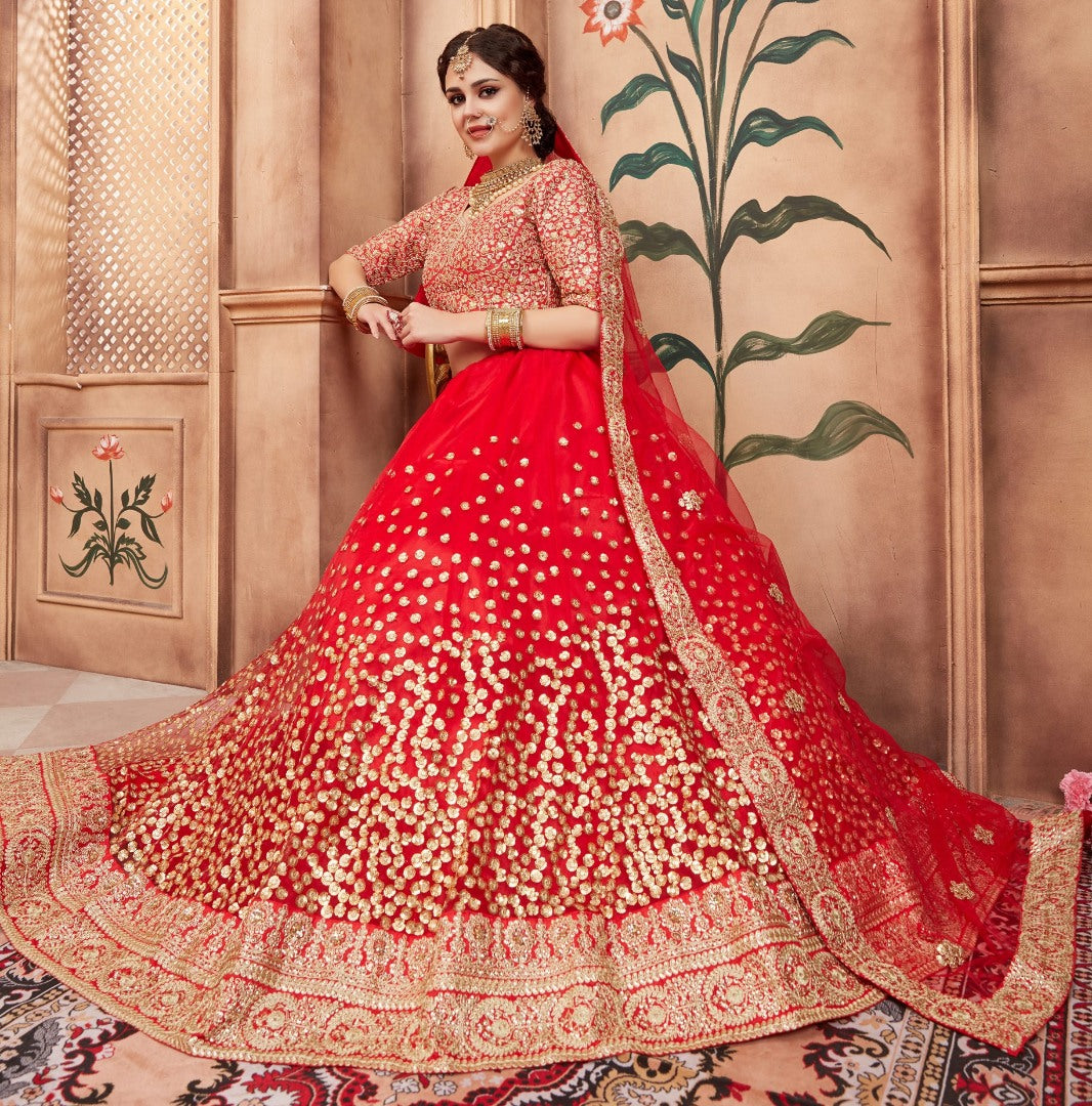 Designer Red art silk sequence and threadworked wedding bridal lehenga