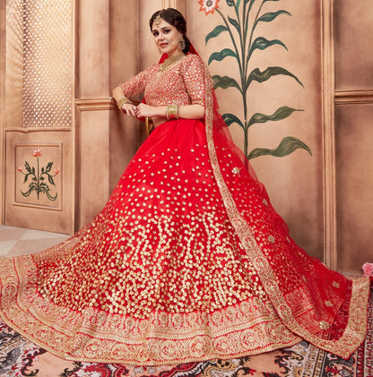 Designer Red art silk sequence and threadworked wedding bridal lehenga