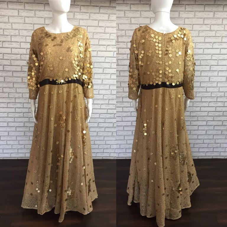 Designer resham sequence and metal coin work on bridal net gown