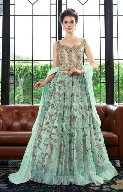 Designer sea green net beautiful worked heavy long gown
