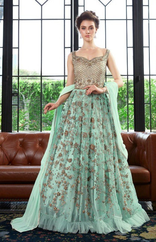 Designer sea green net beautiful worked heavy long gown