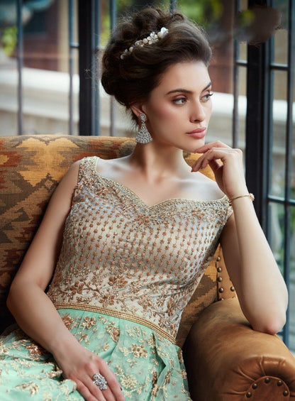 Designer sea green net beautiful worked heavy long gown