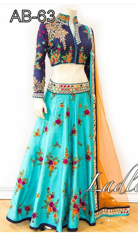 designer sky blue embroidered wedding lehenga