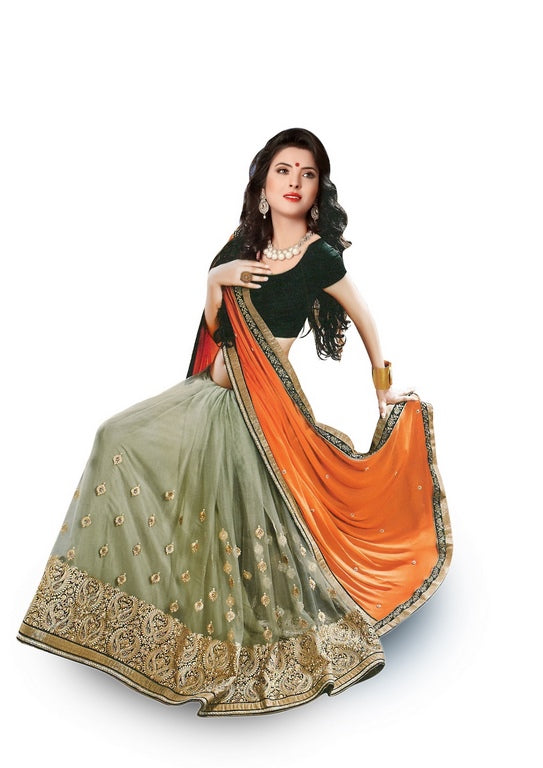 Designer stylist grey and orange embroidered wedding saree