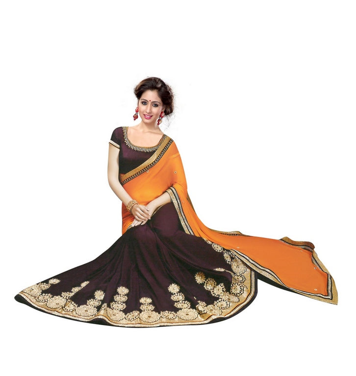 Designer stylist orange and purple embroidered wedding saree