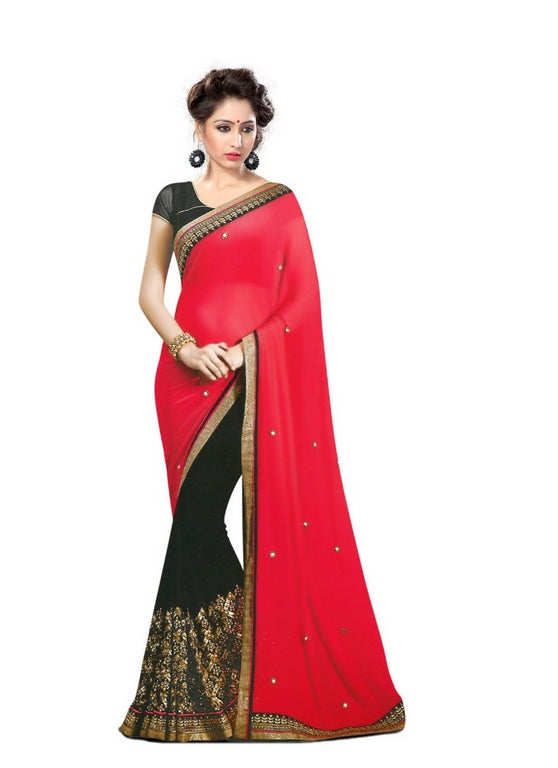 Designer stylist red and black embroidered saree