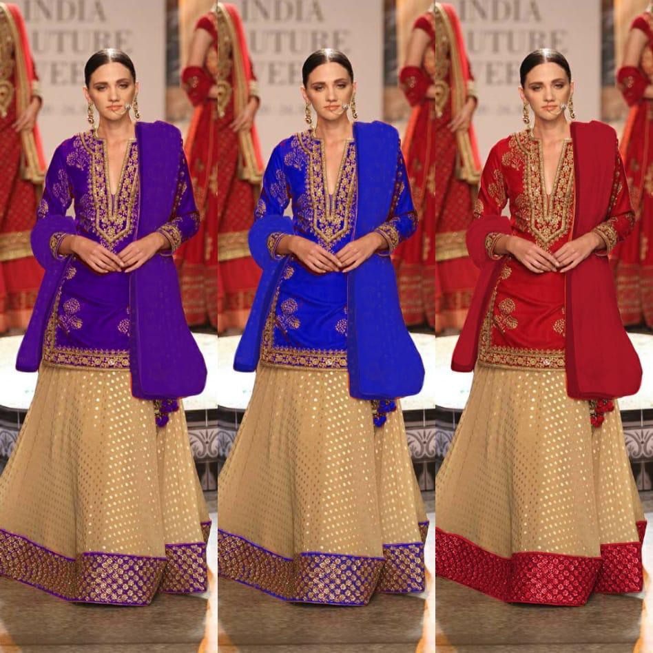 Designer tapeta silk and chinon goli lehenga with long top