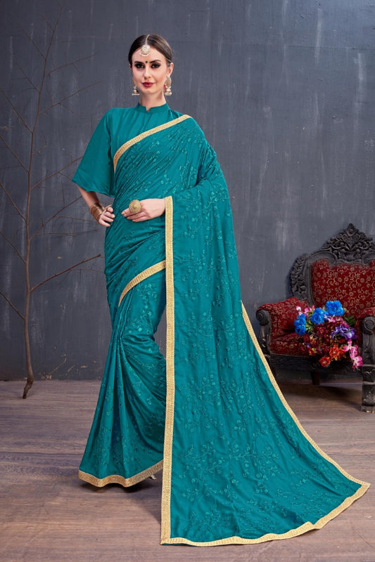 Designer teal blue embroidered partywear saree