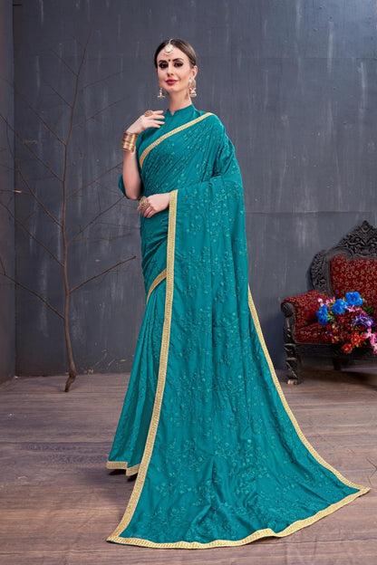 Designer teal blue embroidered partywear saree