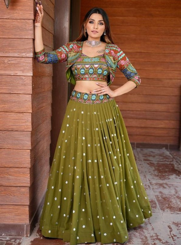 Designer thread sequence work crop top lehenga with heavy jacket