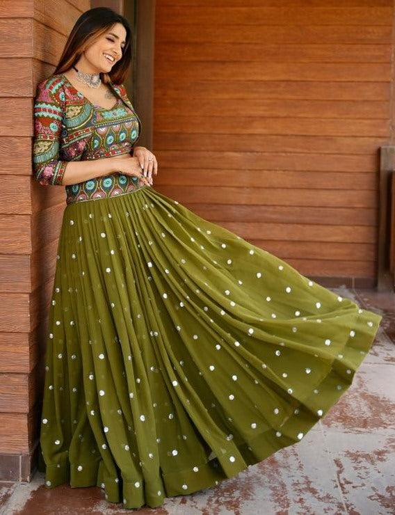 Designer thread sequence work crop top lehenga with heavy jacket