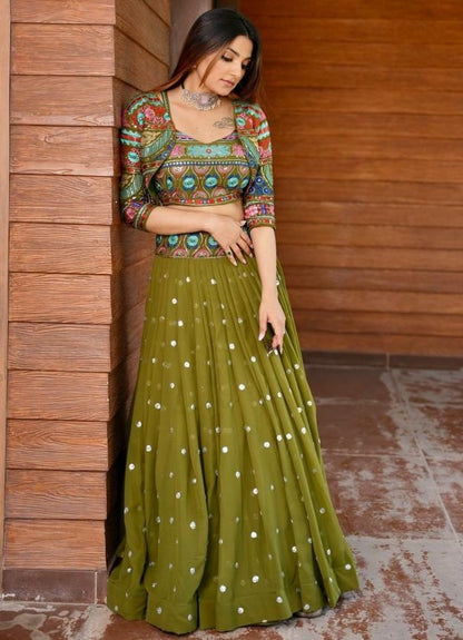 Designer thread sequence work crop top lehenga with heavy jacket