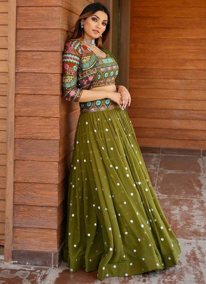 Designer thread sequence work crop top lehenga with heavy jacket