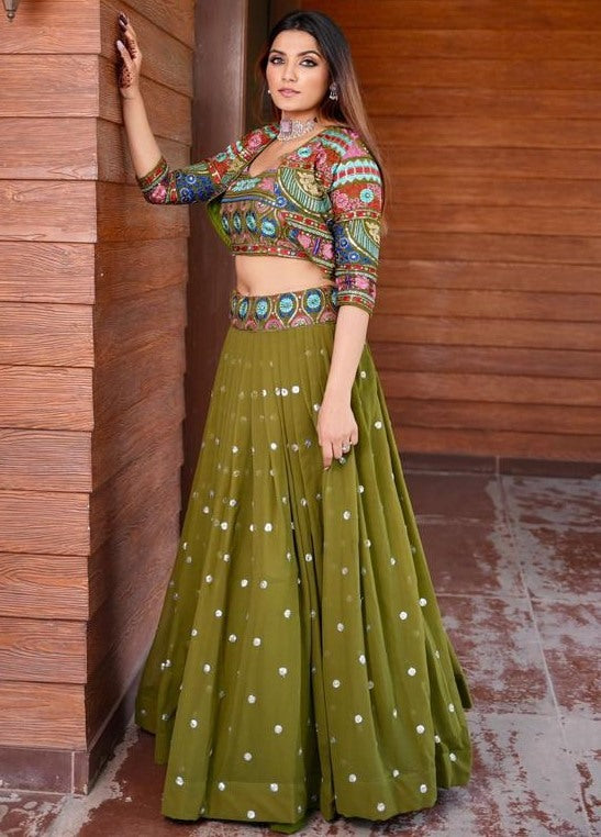 Designer thread sequence work crop top lehenga with heavy jacket