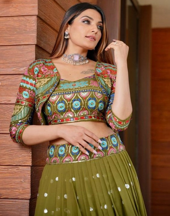 Designer thread sequence work crop top lehenga with heavy jacket
