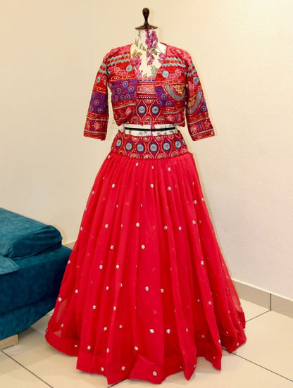 Designer thread sequence work crop top lehenga with heavy jacket