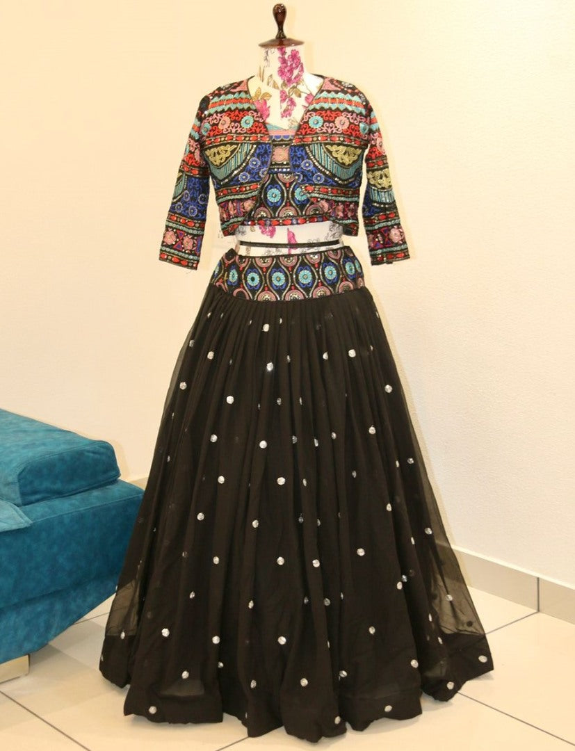 Designer thread sequence work crop top lehenga with heavy jacket
