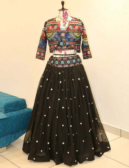 Designer thread sequence work crop top lehenga with heavy jacket