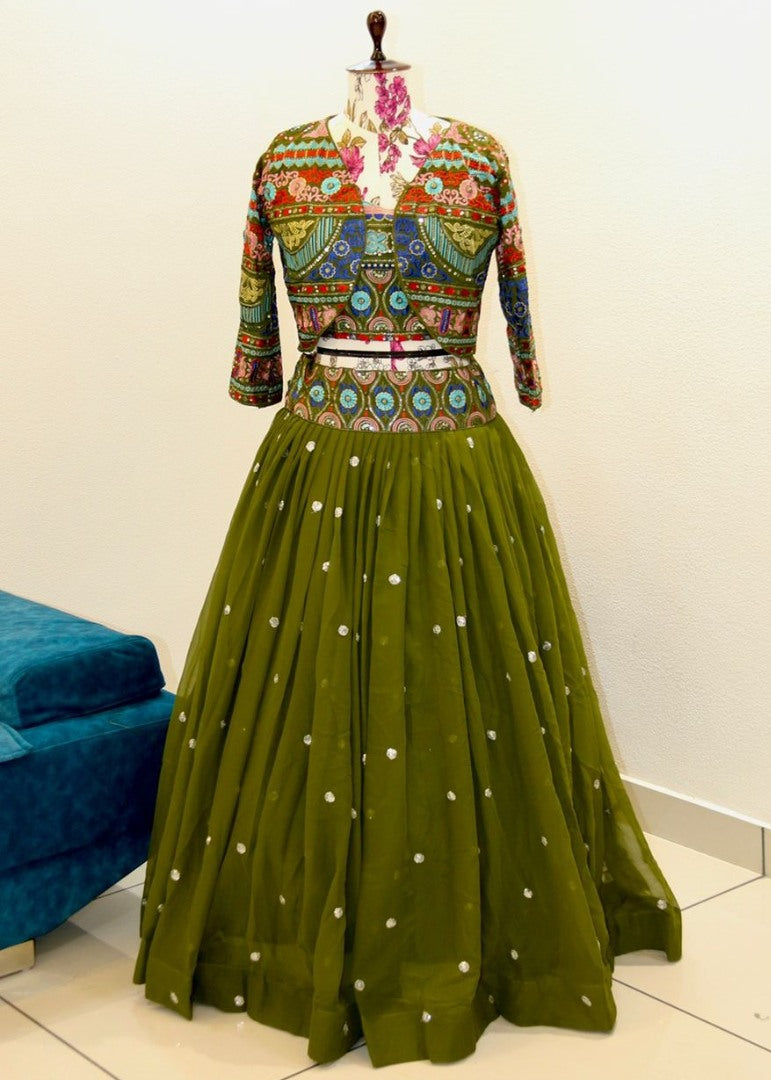 Designer thread sequence work crop top lehenga with heavy jacket