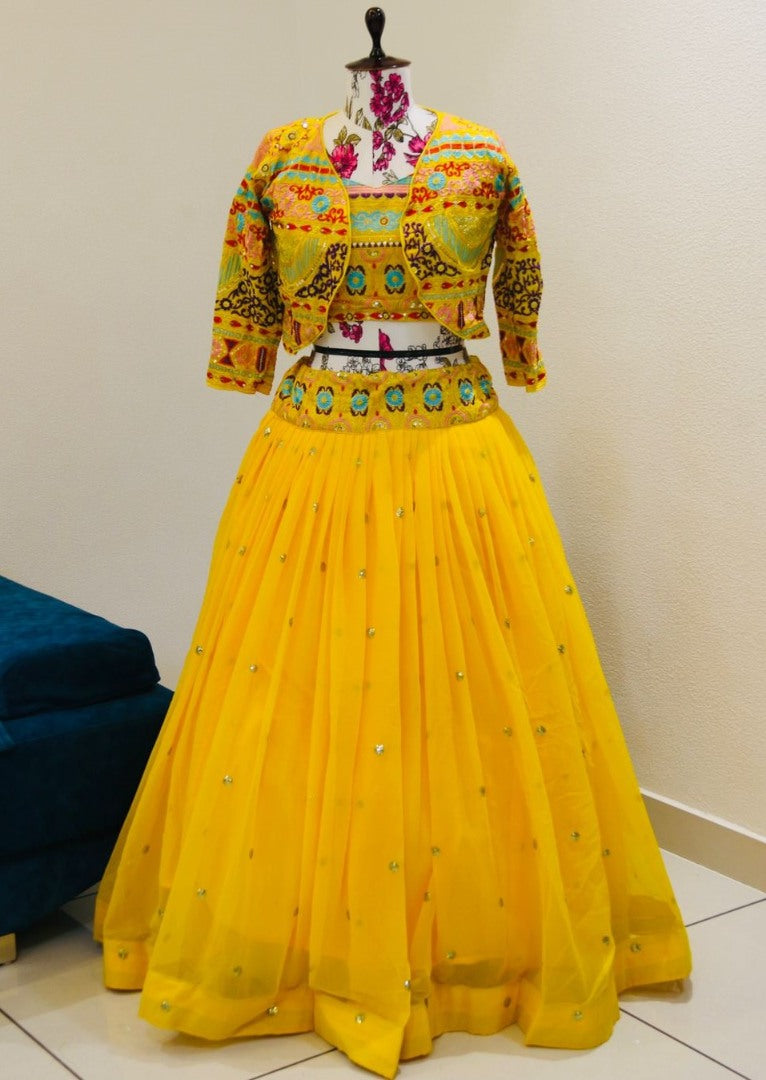 Designer thread sequence work crop top lehenga with heavy jacket