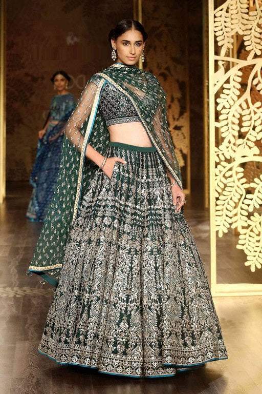 Designer wedding wear embroidered deep green bridal lehenga