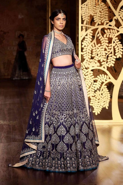 Designer wedding wear navy blue embroidered bridal lehenga