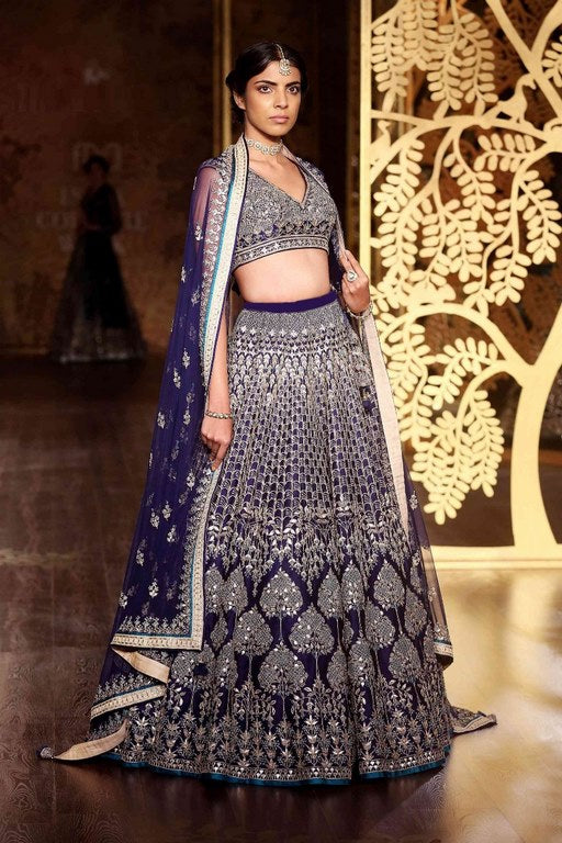 Designer wedding wear navy blue embroidered bridal lehenga