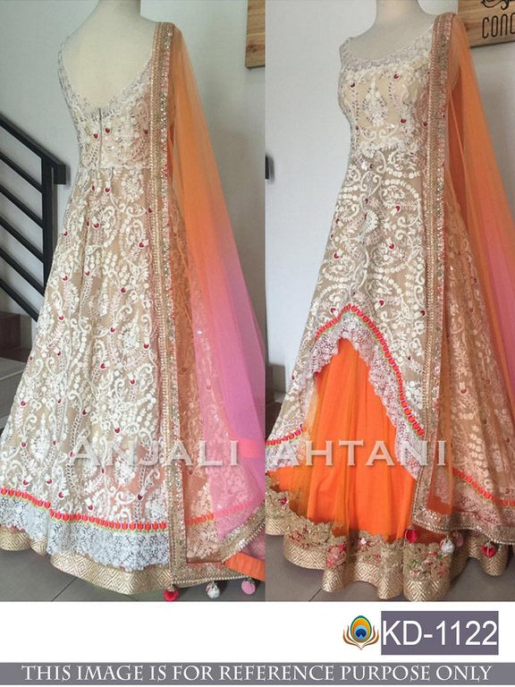 Designer white and orange anarkali suit