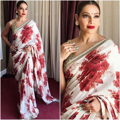 Designer white georgette flower printed partywear saree