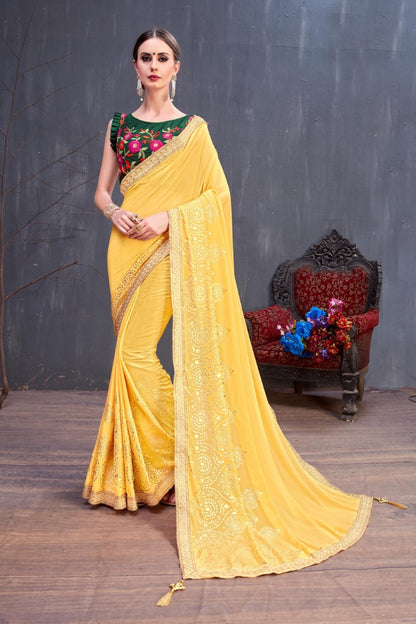 Designer yellow embroidered partywear saree
