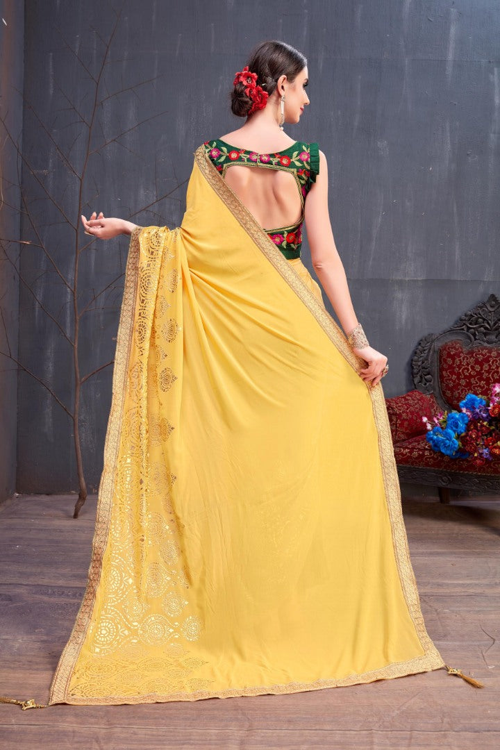 Designer yellow embroidered partywear saree