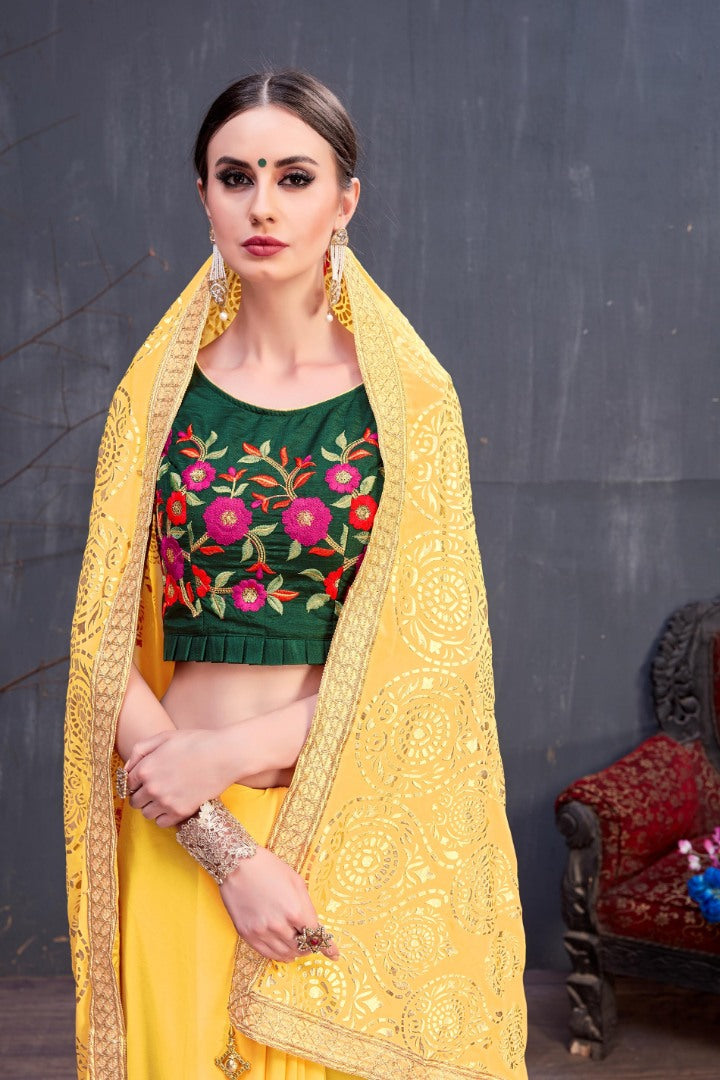 Designer yellow embroidered partywear saree