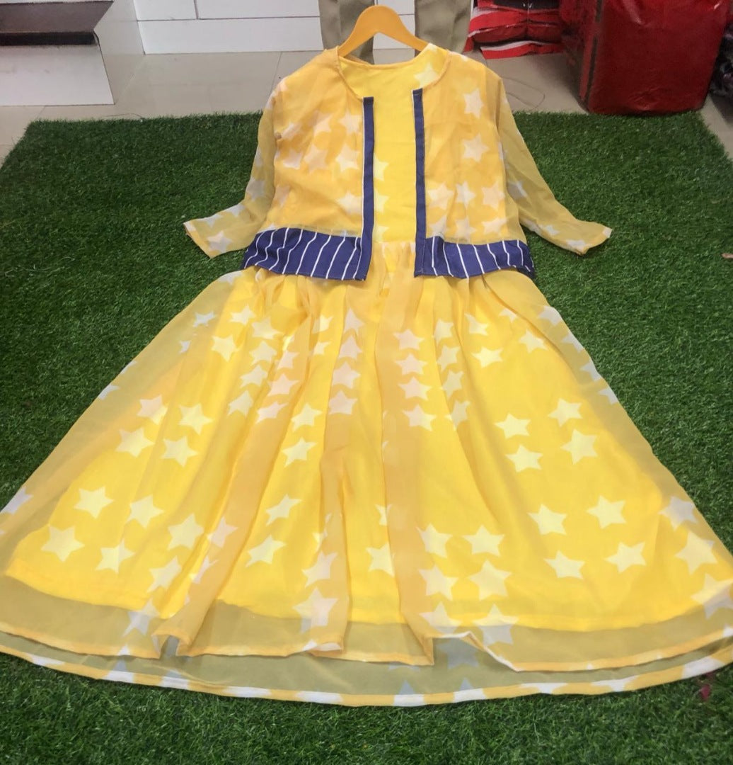 Designer yellow georgette printed kurtie with koti