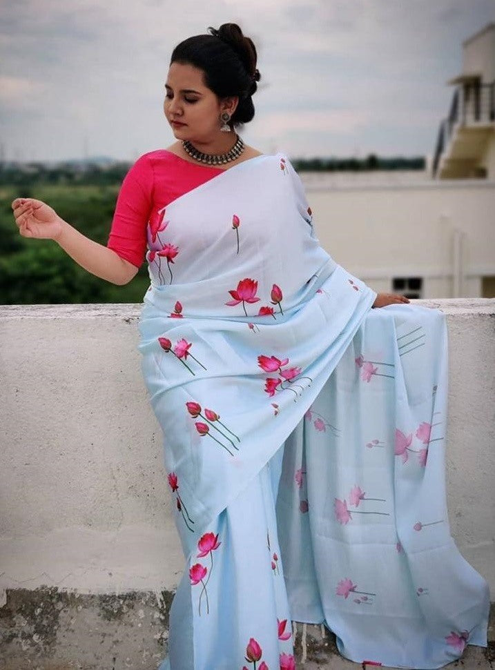 Digital flower printed japan satin silk saree