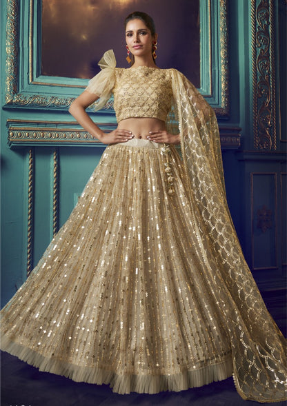 Dusty beige soft net sequence work bridal lehenga choli