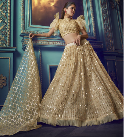 Dusty beige soft net sequence work bridal lehenga choli