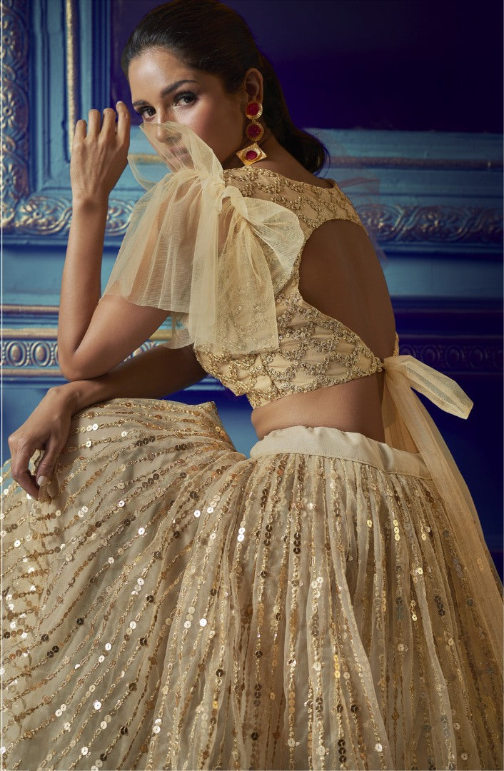 Dusty beige soft net sequence work bridal lehenga choli