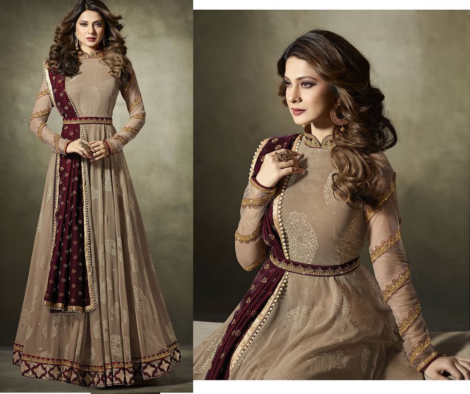 Dusty brown designer embroidered anarkali suit