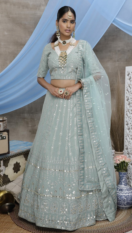 Dusty green georgette embroidered party wear lehenga choli
