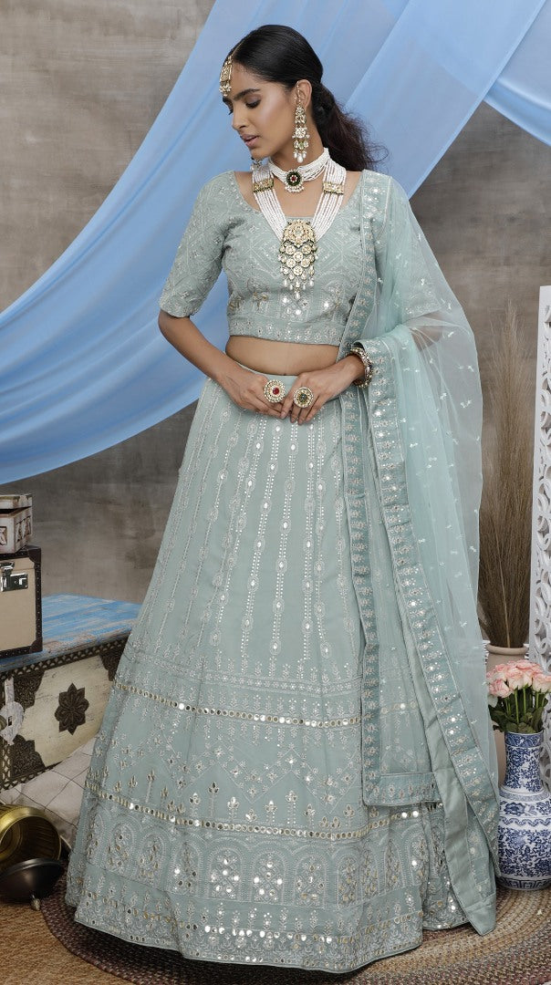 Dusty green georgette embroidered party wear lehenga choli