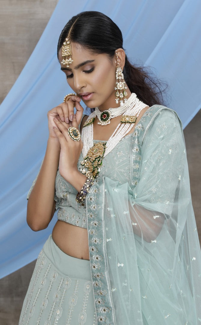 Dusty green georgette embroidered party wear lehenga choli