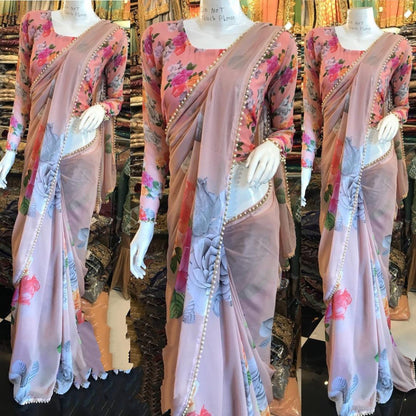 Dusty peach designer floral printed georgette saree with moti lace