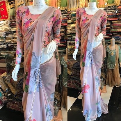 Dusty peach designer floral printed georgette saree with moti lace