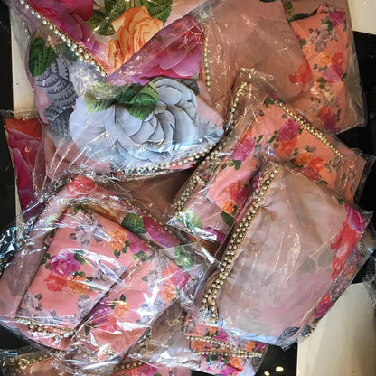 Dusty peach designer floral printed georgette saree with moti lace